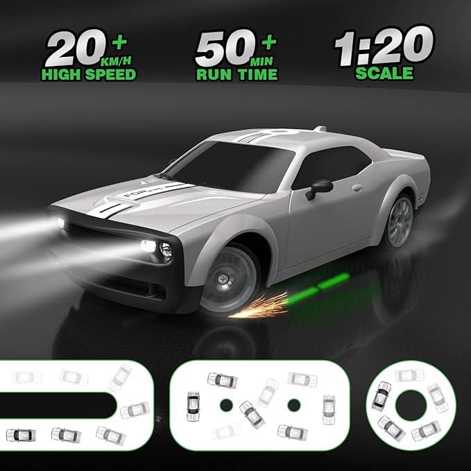 Remote Control Car RC Drift Car 2.4GHz 1:20 Scale 4WD 20KM/H High Speed Remote Control Cars Vehicle with LED Lights Drifting Tire 2Pcs Rechargeable Batteries Toy Cars for Adults Boys Girls (Silver)