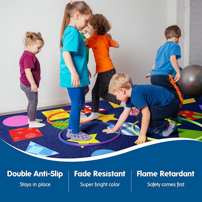 Classroom Rug Kids Carpet Blue 24 Seating Rug Elementary School Daycare Nursery Shape Education Classroom Rug Suitable for Calm and Colorful Classroom Decor, 7.5 x 13 ft