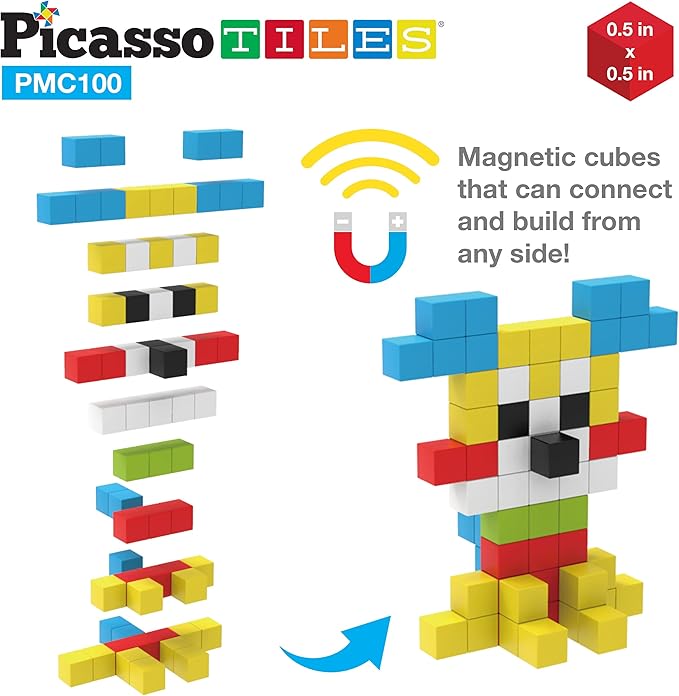 PicassoTiles 0.5” Pixel Magnetic Puzzle Cube 100 Piece Mix & Match Cubes Sensory Toys STEAM Education Learning Building Block Magnets Children Construction Toy Set Stacking Magnet Creative Kit PMC100