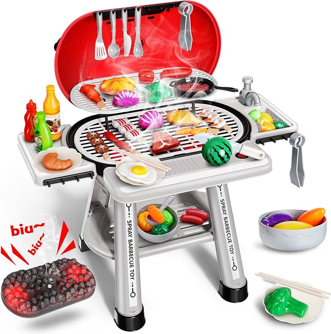 Kids BBQ Grill Playset,Indoor Kitchen Toy,Play Toy Grill Set with Fake Smoke Lights Sounds,Kids Grill Playset Kitchen Toys Set with Sink,2-Layer Barbecue Outdoor Play Grill Toy for Toddler Boys Girls