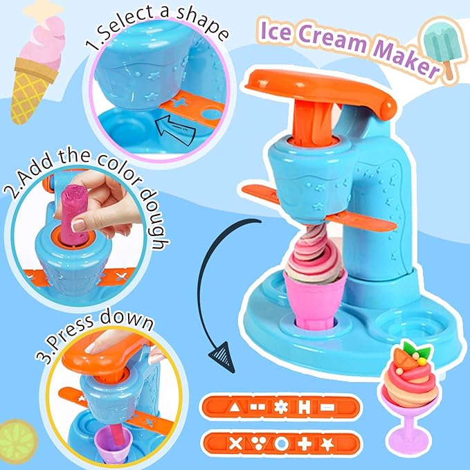 3 in 1 Color Dough Kitchen Creations Set, Ice Cream Noodle Hamburger Maker Machine, Art Crafts Food Modeling Play Toys, Deluxe Tools Kit for Boys Girls Kids Toddlers Ages 3+ (12 Colors Dough)
