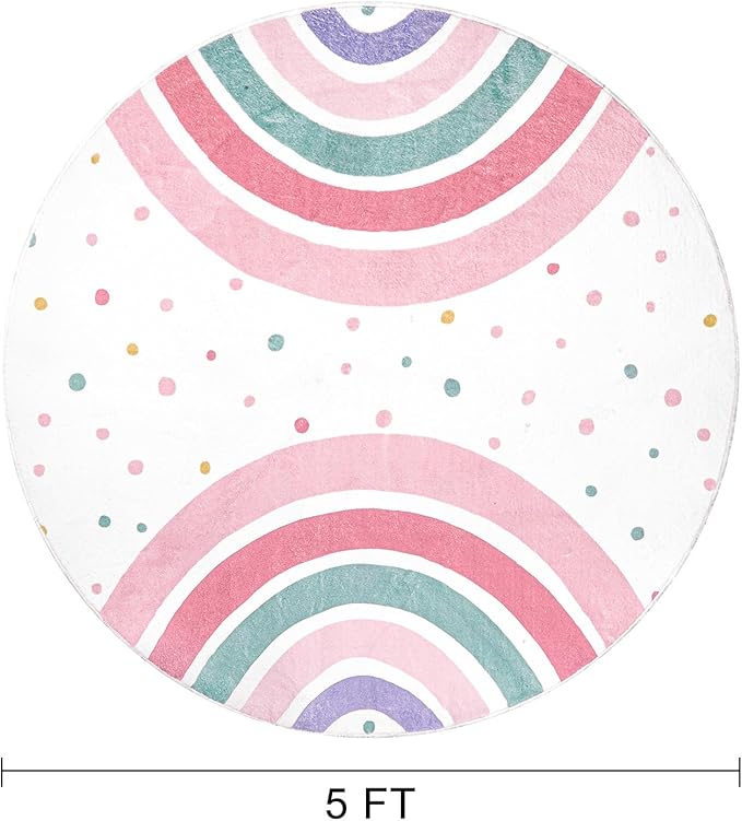 STARUIA Pink Round Rug for Girls, 5 Ft Rainbow Kids Rug for Nursery, Colorful Washable Rug for Bedroom, Non-Slip Circle Time Rugs Soft Polka Carpet for Kids Room Princess Castle