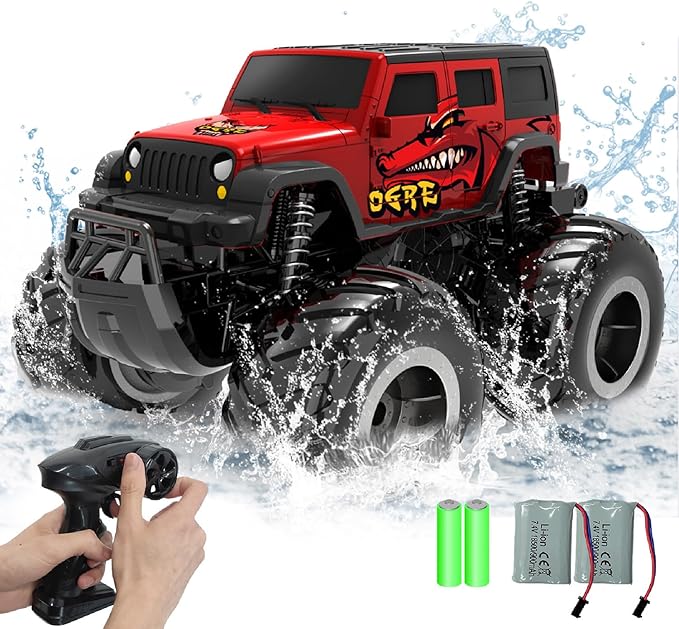 1/16 Remote Control Monster Truck : 4x4 Off Road Waterproof Rc Jeep Combines Amphibious and All Terrain Traversal, Birthday Gift for Boys & Girl Ages 6-12 (Red SUV)