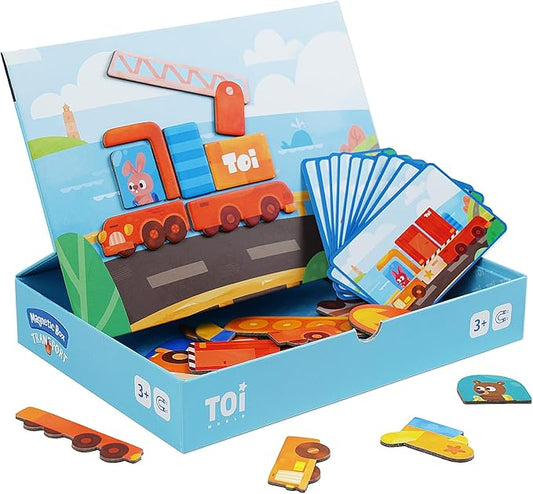 Toi Kids Magnet Toys Magnetic Jigsaw Puzzle Boxes with Game Board for Kids Ages 3-8, Preschool Tabletop Toy for Toddlers, Portable Travel Game, Vehicle