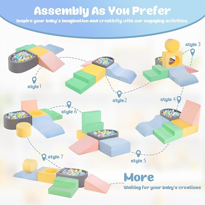 Climbing Toys for Toddlers 1-3 Inside, Baby Foam Climbing Blocks with Ball Pit for Toddlers, 6-Piece Soft Play Climbing Blocks, Indoor Climb Crawl Activity Play Set, Birthday Gift (Balls not Included)