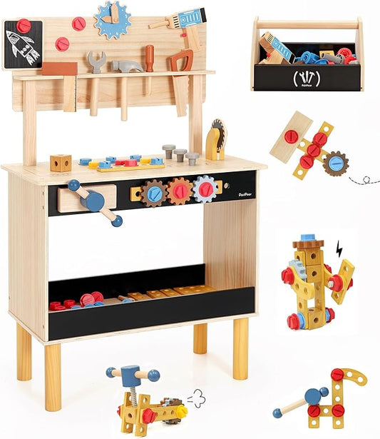 PairPear Wooden Kids Tool Bench, Toddler Workbench with 71 PCS Tool Set, Wooden Toy Play Worshop Toolbox with Drill, Hammer, and Construction Tools, Kids Gift for Boys & Girls 3+ Years Old