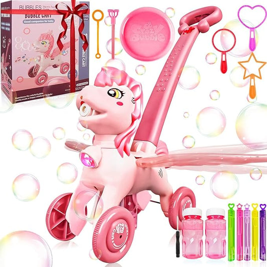 Pink Bubble Machine Blower Maker Lawn Mower Walking Toy Christmas Basket Stuffers Outdoor Summer Girls Kids Toddler 1st Birthday Best Gift for 1 2 3 Year Old Unique Cute Valentines Day Unicorn Gifts