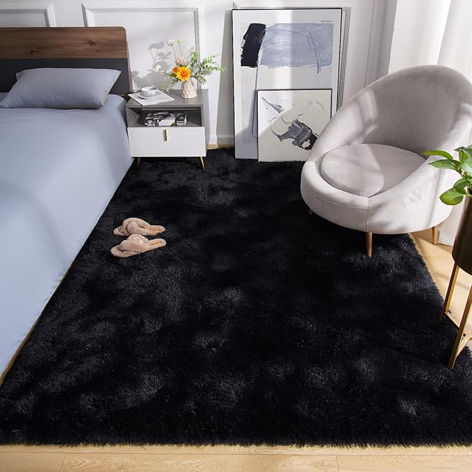 Amearea Premium Soft Area Rug 4x5.3 Feet, Black Rugs for Living Room, Fluffy Carpet for Bedroom Nursery Playroom Teen Home Decor, Comfortable Indoor Furry Dorm Carpets, Black