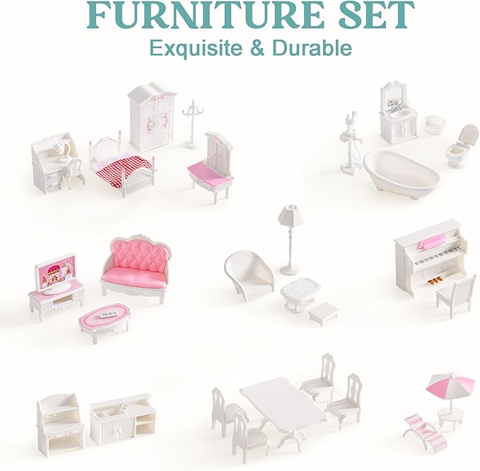 ROBUD Wooden Dollhouse for Kids Girls, Toy Gift for 3 4 5 6 Years Old, with Furniture