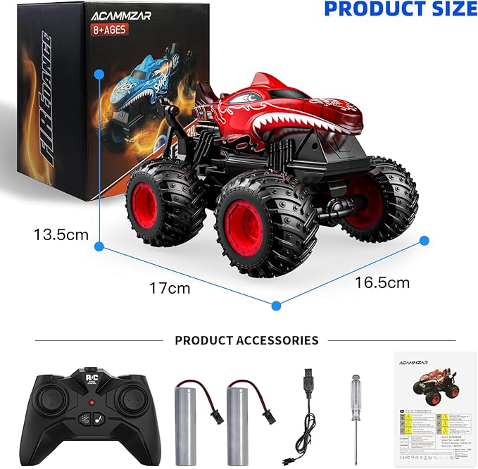 ACAMMZAR Remote Control Car, 2.4GHz Remote Control Monster Truck, RC Trucks 2 Battery 60 Mins+, RC Stunt Cars Toys with Light Sound, Indoor Outdoor All Terrain for Boys Kids Adults, Blue