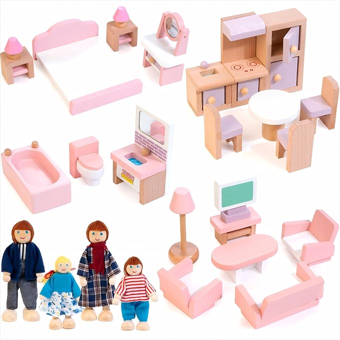 Kizfarm Wooden Dollhouse Furniture Set with 4 Family Dolls, 26 Pcs Pretend Play Dollhouse Accessories for 4 Rooms, Pink Furniture Toys Birthday Gifts for Girls Boys Age 3+