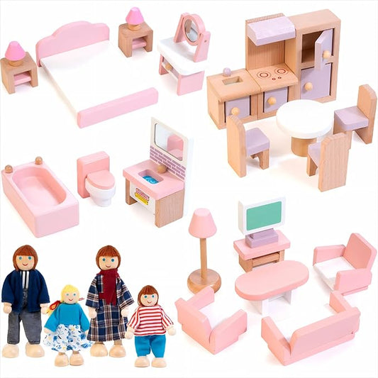 Kizfarm Wooden Dollhouse Furniture Set with 4 Family Dolls, 26 Pcs Pretend Play Dollhouse Accessories for 4 Rooms, Pink Furniture Toys Birthday Gifts for Girls Boys Age 3+