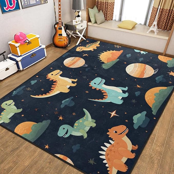 Dinosaur Rug, Kids Playmat Rugs - 5x7 Ft Kids Carpet with Rubber Backing, Cute Baby Dinosaur Park Play Mat Great for Boys Girls Bedroom Playroom - Non-Slip Have Fun Safe Nursery Rug