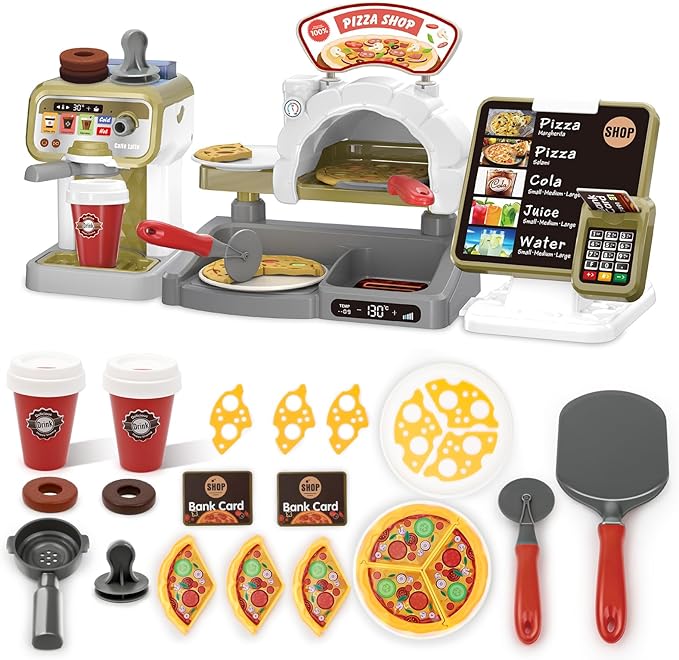 deAO Pretend Play Store Coffee Playset Kids Coffee Maker Play Set Pizzas Shop with Cash Register Toy Kitchen Playset Accessories Gifts for Toddlers Boys Girls