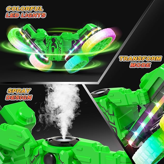 Remote Control Car,RC Cars with Sides Light and Headlights,360°Rotating 4WD Spray RC Stunt Car,2.4Ghz All Terrain Toy Car for Boys Age 4-7 Kids Toy for 8-12 Boys Girls Birthday Gift(Green)