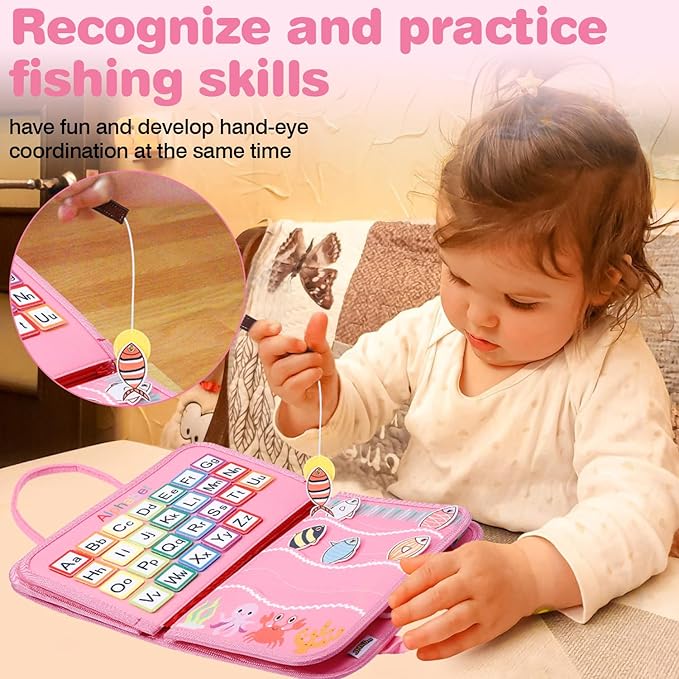 Busy Board for Toddlers 1-4, Sensory Board Travel Toys Gifts for 1 2 3 4 Year Old Girls Boys, Montessori Toys to Learn Fine Motor Skills, Educational Activities Busy Book for Airplane Car (Pink)