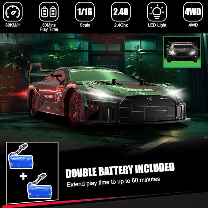 Dollox RC Drift Car 1/16 Scale Remote Control Car 2.4GHz 4WD 30+KM/H High Speed Vehicle with LED Lights, Extra Drifting Tires Racing Black Vehicle Toys Birthday Gifts (191AB) (Black&Red)