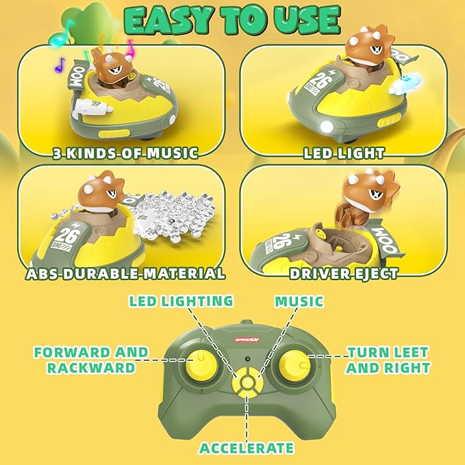 2 Pack Remote Control Car, RC Bumper Cars Toys for Toddlers with LED Light and Music, Dinosaur Figures Bump and Eject Toys RC Race Cars for Kids Boys Girls Gift