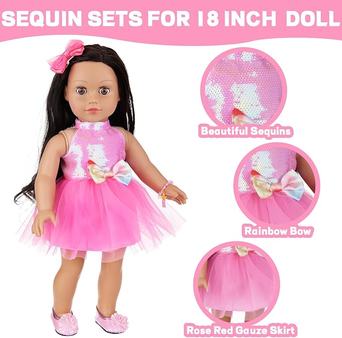 American 18 Inch Doll Clothes and Accessories, Sequin Doll Backpack Accessories Set Included 18 inch Girl Doll Backpack,Sequin Gauze Dress,Doll Shoes,Bow Knot Hairpin,Hand Chain(No Doll)