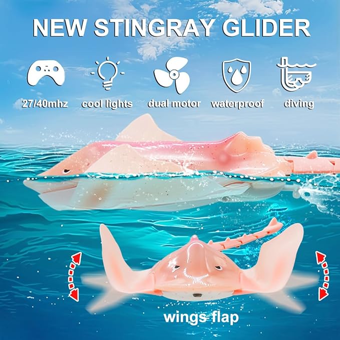 Pool Toys Remote Control Stingray Diving into Water High Simulation Robot Manta ray Lights Rechargeable Battery Remote Control Bathtub Summer Pool Toys Great Gift RC Boat for 8-12 Year Kids Pink