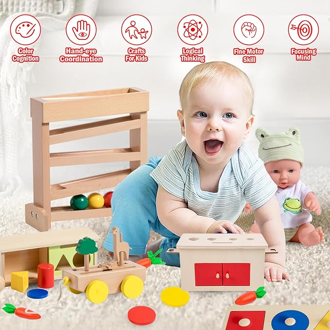 Adena Montessori Play Kit for 11-12 Months Baby,7 in 1 Learning Educational Toys for Toddler,Include Multi-Shapes Puzzle,Ball Tracker,Wooden Shapes Drop and More,Christmas Birthday Gift for Boys Girl