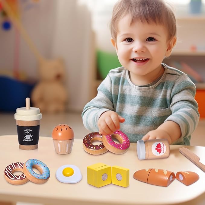 Wooden Bakery Playset Food Toys, Kids Pretend Play Food Baking Set Kitchen Accessories with Storage Bag, Pretend Play Bread Cutting Food for Boys Girls 3+