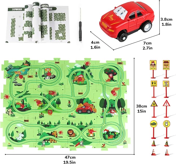 Puzzle Racer Kids Car Track Set, Plastic Puzzles for Kids Ages 3-5 with A Cute Vehicle, Toddler Puzzle Track Play Set Gift, Race Tracks for Toddler 3-5, Toys for 3 4 5 6 Year Old Boys Girls