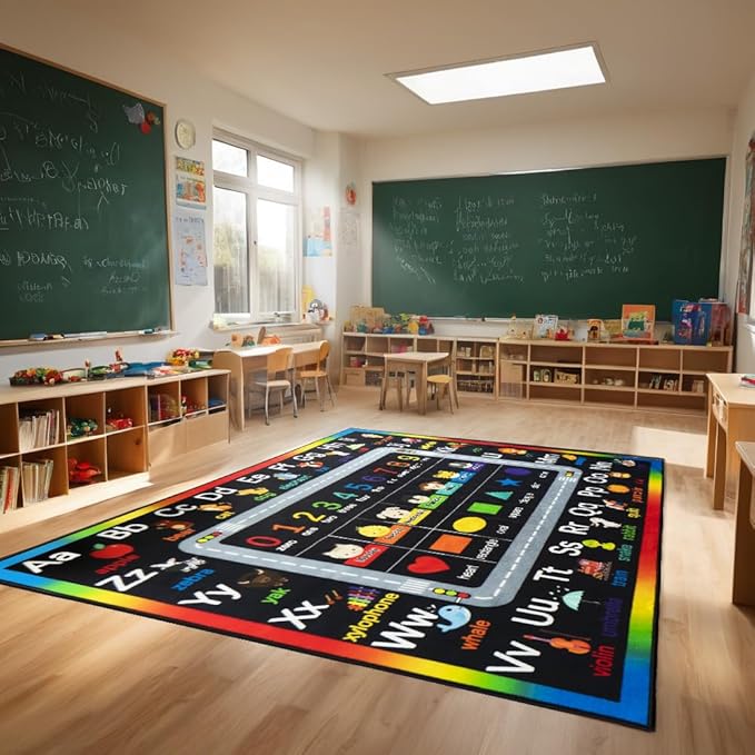 Classroom Rugs for Preschool, Daycare Rug for Classroom,Large Classroom Rug Elementary,Learning Alphabet Educational Rugs for Kids Playroom, Nursery(6'7''x8'7'', Black)