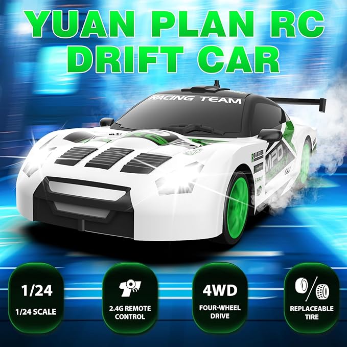 Remote Control Car RC Drift Car 2.4GHz 1:24 Scale 4WD 15KM/H High Speed, Rechargeable High Speed RC Cars with Cool Lights, Two Batteries and Extra Tires Toys for Kids
