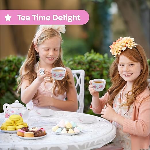 Jewelkeeper Porcelain Tea Set for Little Girls with Pink Picnic Basket - 13 Pieces Mini Toddler Tea Sets for Girls 2-4 - Real Cups, Teapot, and Saucers - Children Playset - Floral Design