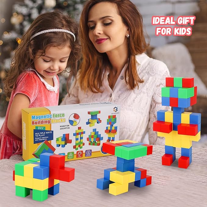 64 PCS Magnetic Blocks for Kids, Learning Magnet Cubes Building Toys for Toddlers, STEM Educational Sensory Montessori Square Toy for Boys and Girls