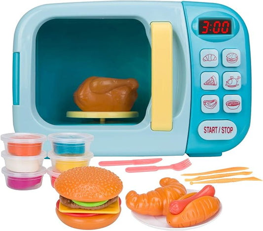 Microwave Kitchen Play Set with Light Sound for Kids with Pretend Fake Food and 6 Color DIY Play-Dough Clay Great for Toddlers 3 and Older Grils and Boys (Blue)
