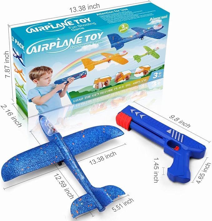 3 Pack Airplane Launcher Toy, 12.6" Foam Glider Led Plane, 2 Flight Mode Catapult Plane for Kids Outdoor Sport Flying Toys Gifts for 3 4 5 6 7 8 9 10 12 Year Old Boys Girls