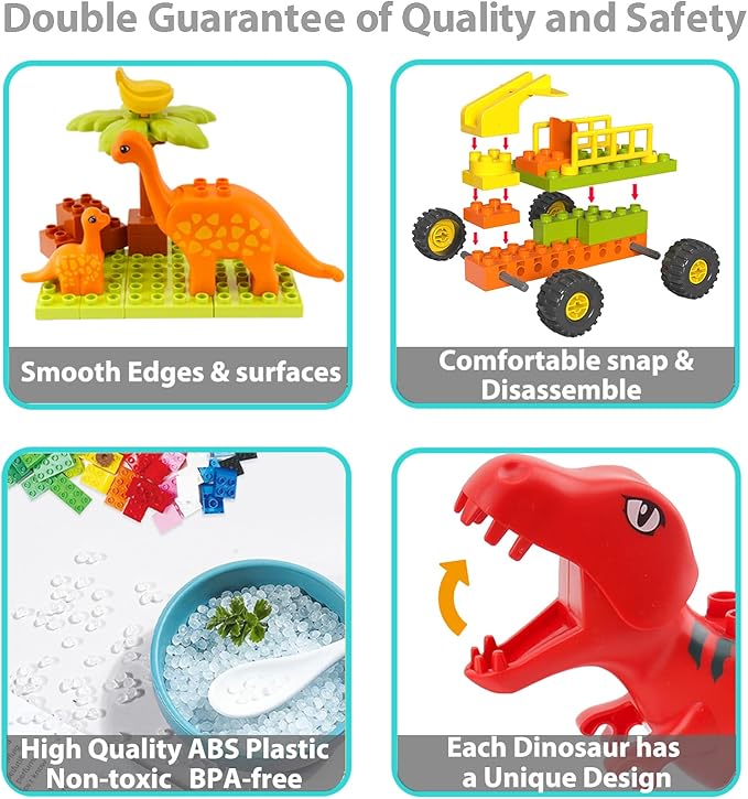 Building Blocks for Toddlers 3-5, Dinosaur Toys- Dinosaurs, Car, Build, Learn and Play, Educational Interactive Creative DIY Toy Compatible with All Major Brands, Gift for Kids Boys Girls