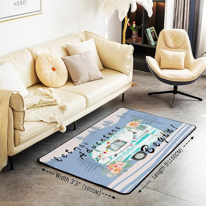 Erosebridal Camper Adventure Area Rug 3x5 RV Car Rug for Kids Boys Girls Cartoon Spring Flowers Mountain Travel Carpet Blue Pink Abstract Botanical Non Slip Accent Rug