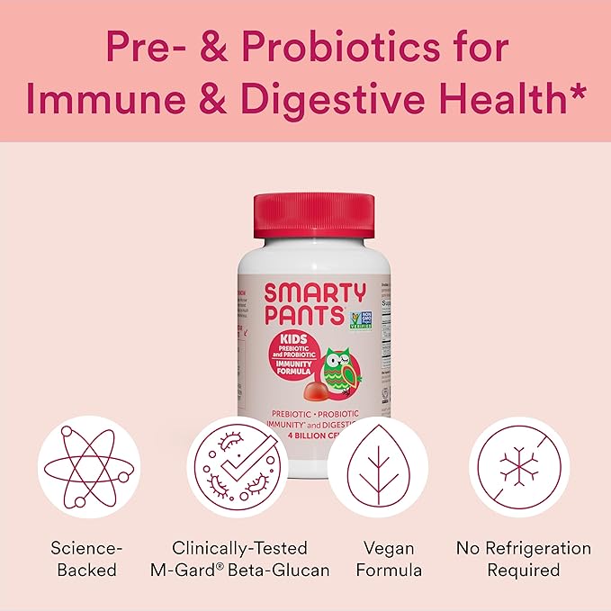 SmartyPants Kids Probiotic & Prebiotic Gummies for Digestive Health: 6 Billion CFU Gut Health Supplement, Clinically Studied Prebiotic for Immune Support, Strawberry, 60 Count (30 Day Supply)
