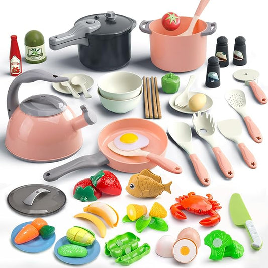 Bruvoalon 67Pcs Kids Play Kitchen Toys Set, Toddlers Pretend Cooking Playset Acccessories with Pots Pans, Utensils Cookware, Foods, Canned Veges, Learning Gift for Kids Girls Boys (Pink)