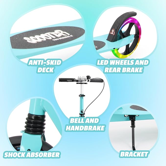 Scooter for Kids Ages 8+ Teens & Adults, Lightweight Kick Scooter with Carry Strap Adjustable Height Equipped with Front handbrake and Rear Brake, Big Sturdy PU Flash Wheels Great Gift & Toy