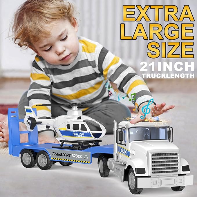 22" Semi Police Truck Toy with Helicopter for Kids Toddlers -Police Car Toys, Birthday for Boy Girl Toddler Child 3 4 5 6 7 Years Old