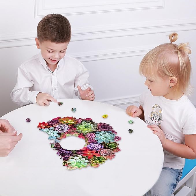 Succulent Garland Wooden Puzzles for Adults, 500 Pieces Mandala Jigsaw Puzzles, Unique Shaped Royal Size Wood Puzzle Gift for Kids, Family Game 17.6'' x 16.5''