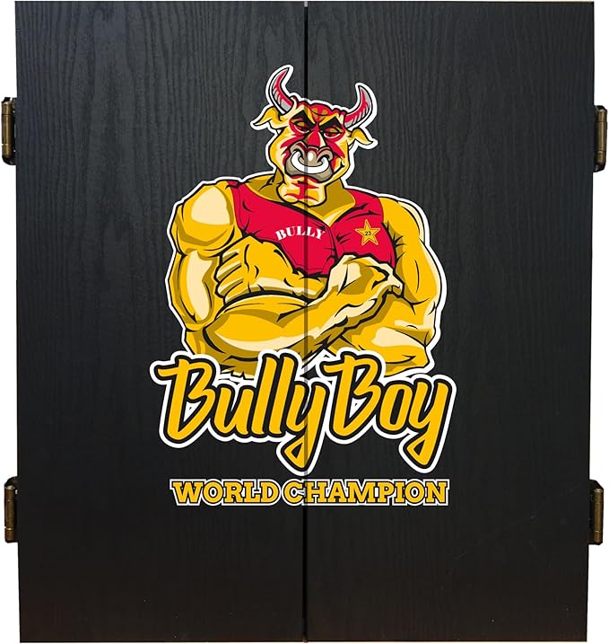 Shot! - Michael Smith Bully Boy Dartboard Cabinet Set | Self-Healing Sisal | Staple-Free Bullseye | Includes 6 Steel Tip Darts | Easy Install, Black, Standard Size, Wood