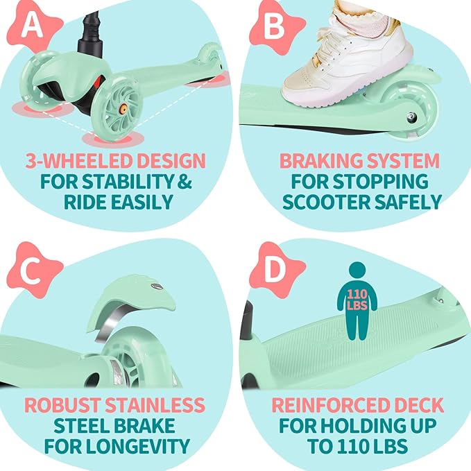 BELEEV A1 Scooter for Kids Ages 2-6, 3 Wheel Kick Scooter for Toddlers Girls Boys, Light up Wheels, Adjustable Height, Lean to Steer, Non-Slip Deck, Lightweight Push Scooter for Children