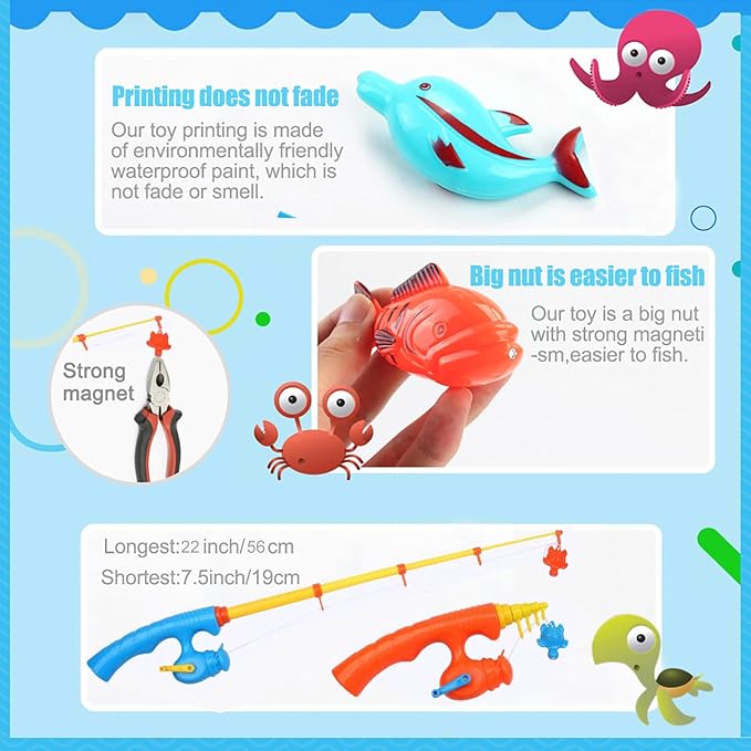 Magnetic Fishing Game - 36 Pcs Color Ocean Sea Animals Plastic Floating Fish with Pole Rod Net Storage Bag, Water Table Bathtub Game for Age 3 4 5 6 Year Kids Toddler, Bath Toys for Kids Ages 4-8