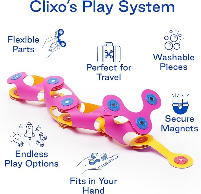 Clixo Itsy Magnetic Toy for Kids - Flexible, Durable, Imagination-Boosting Magnet Building Toy. Educational Multi-Sensory STEM Experience. Great as a Travel Game. Ages 4-99. 18 Piece Pack