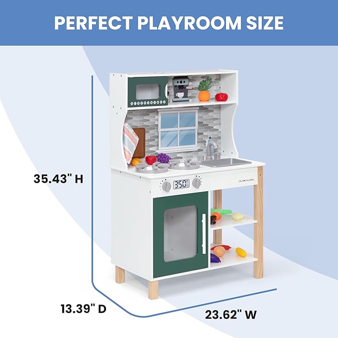 Delta Children Tiny Chef Play Kitchen - Toy Kitchen Playset with Realistic Knobs That Turn/Click, Oven, Sink, Microwave and 15 Pieces of Play Food, Green