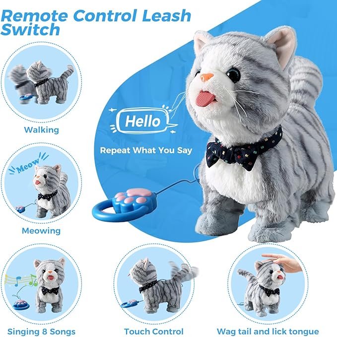 Gray Leash Walking Cat Set Toy Interactive Talking Cat Singing Dancing Kitten Mimicking Repeat What You Say Kitty Touch and Voice Control Nodding Wagging Tail Plush Electric Robot for Kid Girl
