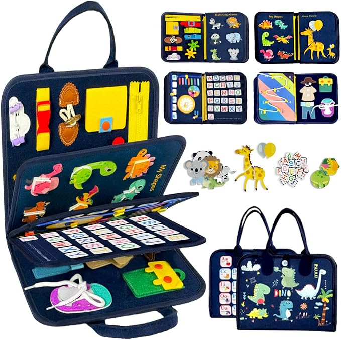 Qizfun Busy Board Book Montessori Toys for 1 2 3 4 Year Old, Boy Birthday Gifts, Educational Sensory Learning Toys for Toddlers 1-3, Car Airplane Travel Activities for Kids Ages 2-4 Year Old