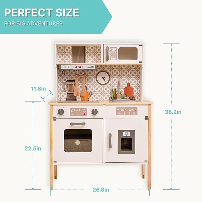 Wooden Play Kitchen for Kids with Working Sink & Faucet Toy – Montessori Sensory Pretend Playset for Toddlers 3-5 – Interactive Kids Kitchen Playset with Lights & Sounds