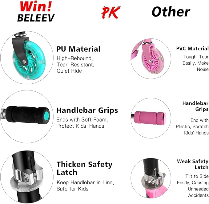 BELEEV V1 Scooters for Kids, 2 Wheel Folding Kick Scooter for Girls Boys, 3 Adjustable Height, Light Up Wheels, Lightweight Scooter with Sturdy Frame, Kickstand for Children 3 to 12 Years Old