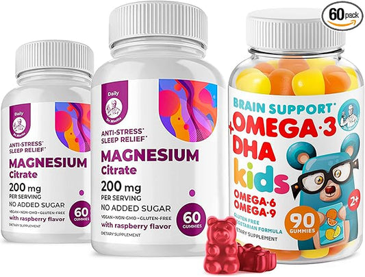 Omega3 Gummies for Kids with Omega 6&9 and Magnesium Gummies - DHA Children Brain Supplement for Heart and Vision Support – No Fish Oil and Gluten Free Immune Health with Sugar-Free Magnesium